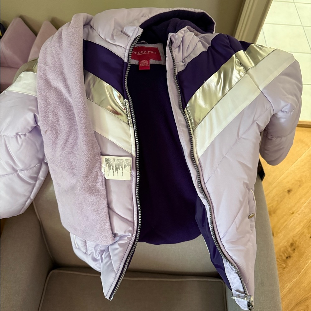 London Fog Purple and White puffer jacket with scarf NWT girls 6X